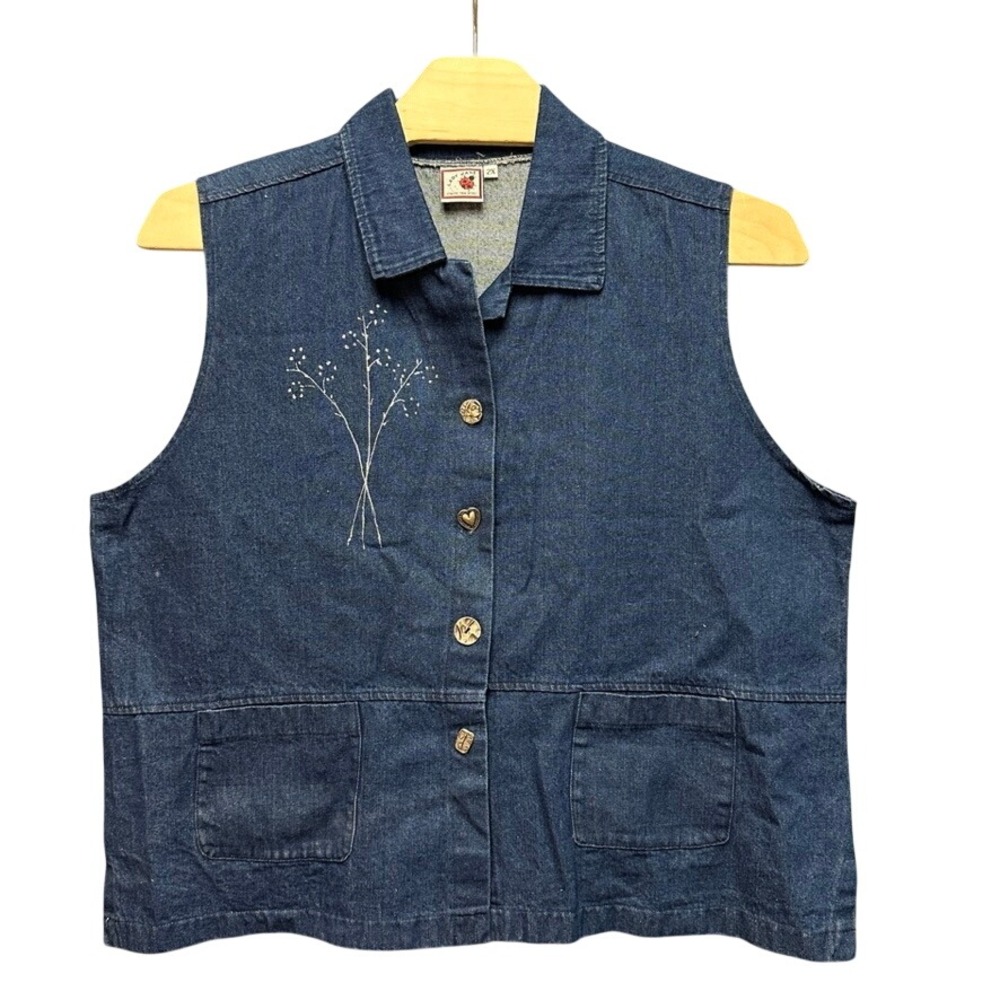 Lady Jane Denim Vest Womens 2X Blue Embroidered Floral Heart Button Made in USA